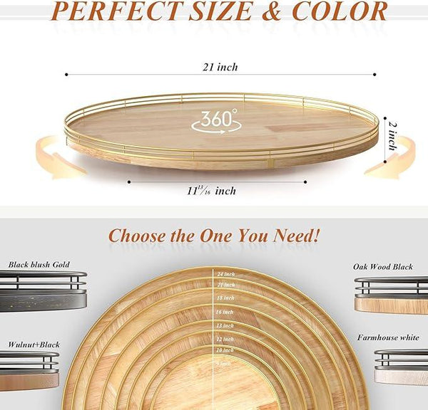 21-Inch Wooden Lazy Susan Turntable – Premium Oak & Iron, Extra Large Rotating Serving Tray for Dining Table, Kitchen Countertop, Farmhouse Décor, Spice Rack, Charcuterie & Entertaining