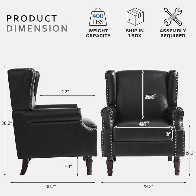 Accent Chairs, Faux Leather High Back Armchair Set of 2 or Living Room, Comfy Upholstered Single Sofa Reading Chairs with Solid Wood Legs for Office, Bedroom, Waiting Room-Black