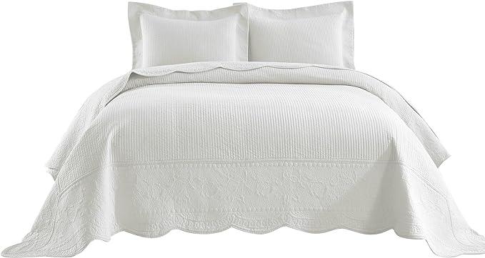 MarCielo 3-Piece 100% Cotton Oversized Bedspread Lightweight Quilt Coverlet Embroidery Farmhouse Bedding Set (TG Bright White, Oversized King (118