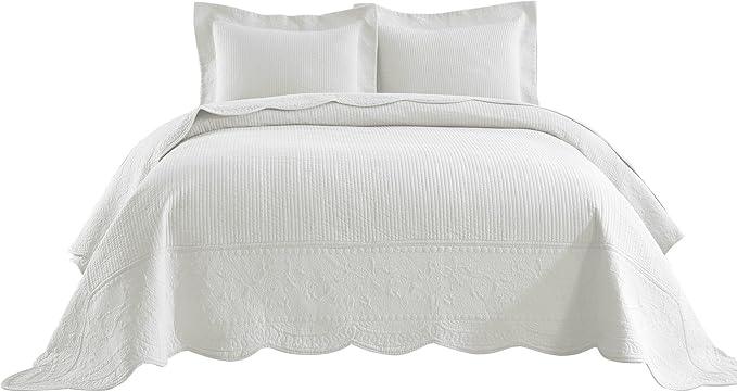 MarCielo 3-Piece 100% Cotton Oversized Bedspread Lightweight Quilt Coverlet Embroidery Farmhouse Bedding Set (TG Bright White, Oversized Queen (100