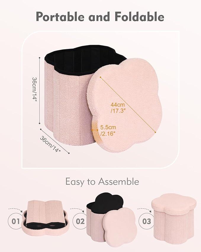 B FSOBEIIALEO Storage Ottoman Cube, Flowers Shaped Ottomans with Storage Foot Stool Footrest, Boucle Ottoman Seat for Dorm Room, Faux Teddy Fur, Pink 15