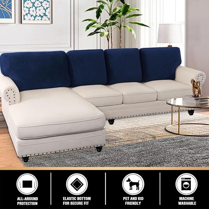 PrinceDeco Sectional Couch Covers Velvet Cushion Covers for Sectional Couch Washable Cushion Covers for Sectional Sofa Pet Friendly Sectional Sofa Slipcovers(1 Chaise Back+ 3 Sofa Back,Navy)
