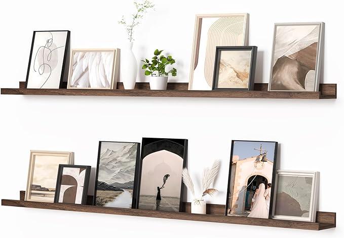 Heimlove Picture Ledge Shelf, Floating Shelves Set of 2, 56 Inches Picture Shelf for Wall with Ledge, Kids Bookshelf Wall Mounted for Living Room Bedroom Decor Books Photo Frames, Walnut