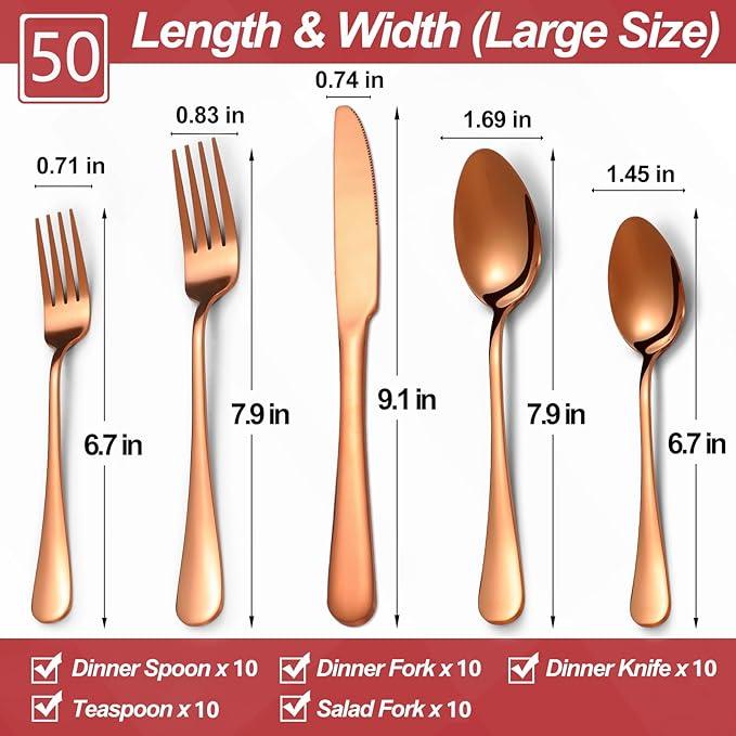 50 Pcs Rose Gold Silverware Set for 10, Food Grade Stainless Steel Flatware Set, Eating Utensils Sets Include Fork/Knife/Spoon,Home Kitchen Tableware Set, Reusable Cutlery Set, Dishwasher Safe