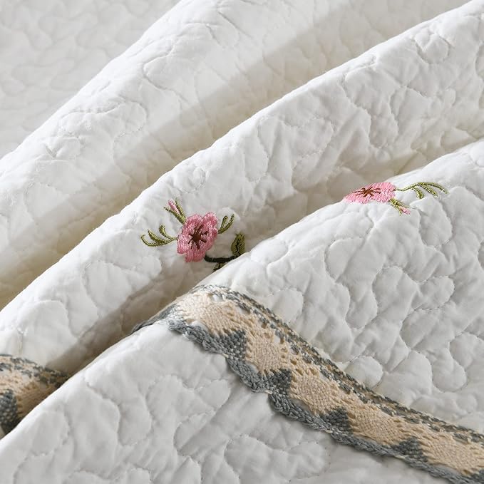 MarCielo 3-Piece 100% Cotton Oversized Bedspread Lightweight Quilt Coverlet Embroidery Farmhouse Bedding Set (Sakura White, Oversized King (118
