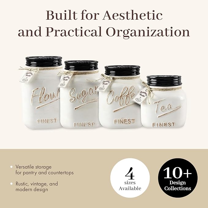 Young's 4 Piece Ceramic Canisters Sets for Kitchen, Country Style Ceramic Containers for Flour, Sugar, Tea and Coffee, Storage Containers with Lids 10.75