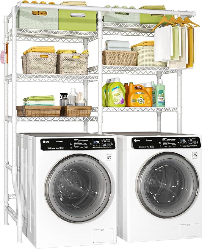 Ulif U13 Over Washer and Dryer Storage Shelves, 6 Tiers Laundry Room Standing Shelf with 2 Hanger Rods, Space Saver Clothes Drying Rack, 63.4