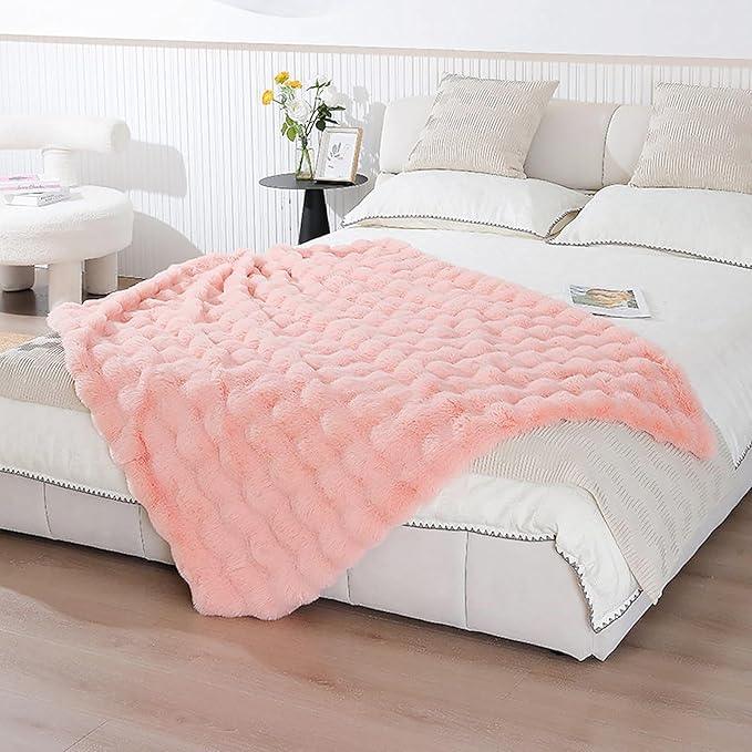 UKELER Pink Faux Fur Throw Blanket for Girls 50''x60'' Decorative Shaggy Velvet Blanket Fluffy Cozy Plush Warm Bed Throws for Bedroom, Living Room, Couch, Sofa, Office, Camping