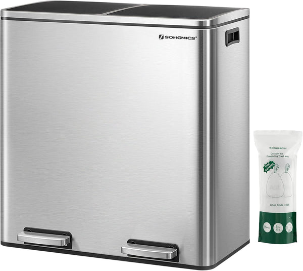 SONGMICS Trash Can, 2 x 8 Gallon (2 x 30 L) Garbage Can for Kitchen, with 15 Trash Bags, 2 Compartments, Plastic Inner Buckets and Hinged Lids, Airtight, Silver and Black ULTB60NL