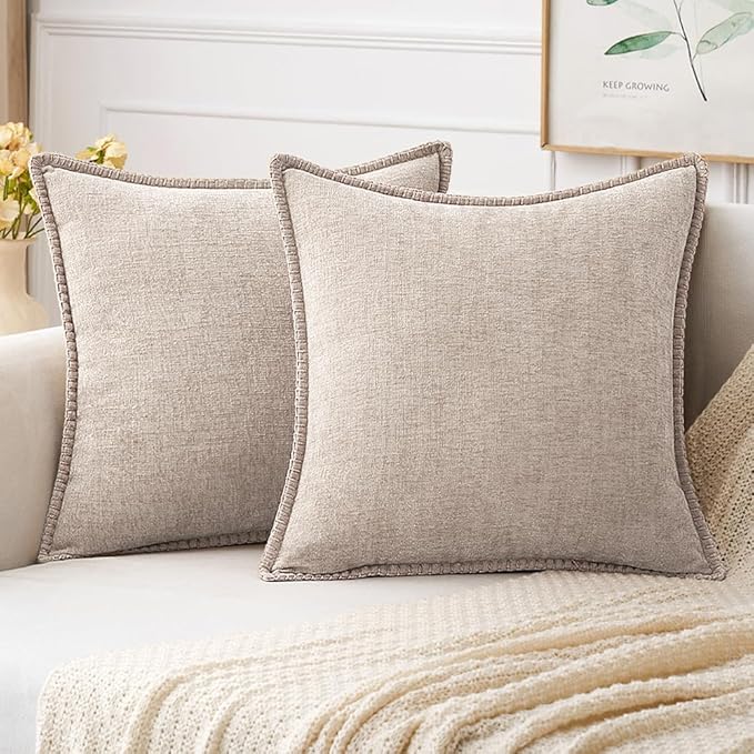 MIULEE Pack of 2 Couch Throw Pillow Covers 18x18 Inch Light Brown Farmhouse Decorative Pillow Covers with Stitched Edge Soft Chenille Solid Dyed Pillow Covers for Sofa Bed Living Room