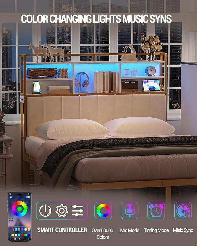 Headboard with 3-Tier Storage Shelves, Velvet Upholstered Head Board with 2 Outlets, USB Ports & LED Light, Soft Backrest for Queen Size Bed, White and Gold BH15203AV1