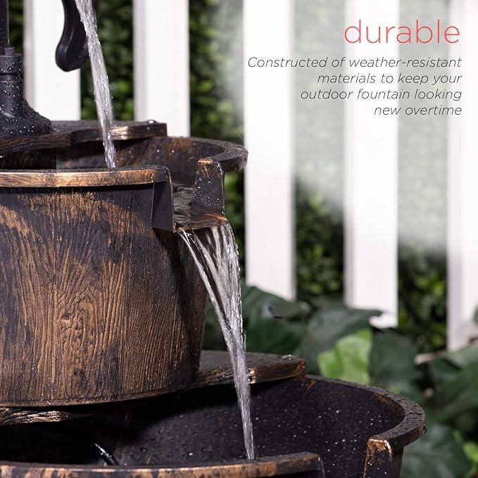 Alpine Corporation 2-Tiered Barrel and Pump Water Fountain – Bronze Finish, Relaxing Water Flow, Ideal for Garden, Patio, & Yard Décor, 27