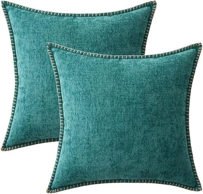 MIULEE Pack of 2 Couch Throw Pillow Covers 20x20 Inch Teal Farmhouse Decorative Pillow Covers with Stitched Edge Soft Chenille Solid Dyed Spring Pillow Covers for Sofa Bed Living Room