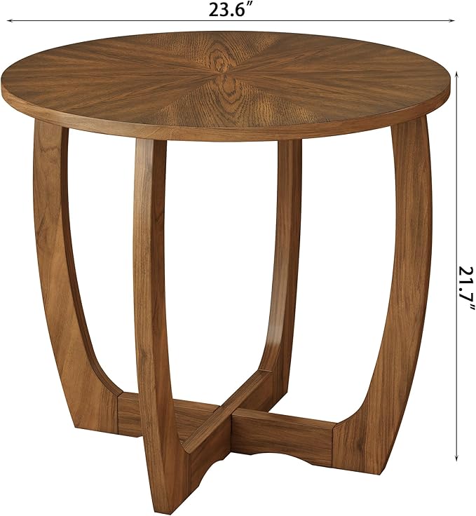 PADMA HOUSE Round Wood End Table with Curved Legs, Drum Circle Side Table with Snowflake Tabletop, Rounded Wooden Sofa Side Table, Brown Walnut Wood Tabletop & Legs 23.6