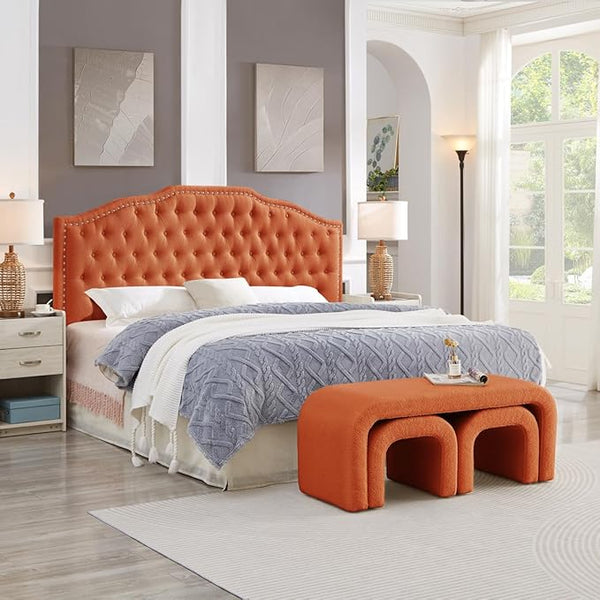 24KF Upholstered Button Tufted King Size Headboard with Nailhead Trim, Elegant Boucle Fabric California King headboard, 6031-K-Boucle-Orange