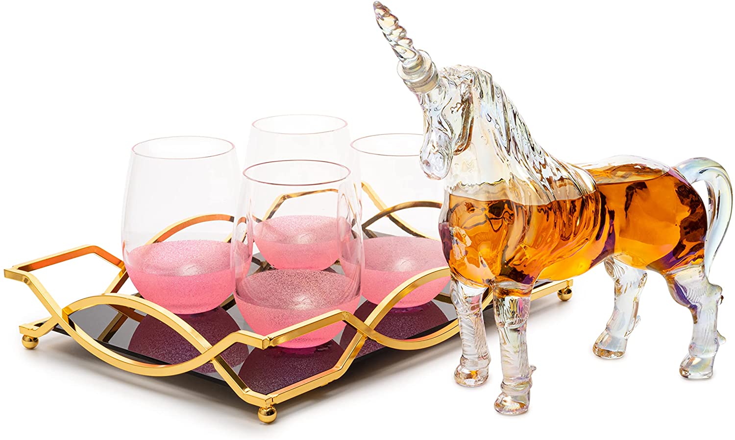 Iridescent Unicorn Wine Whiskey Decanter Set 750ml With 4 Pink Sparkle Glasses for Wine, Whiskey, Scotch, Tequila or Any Drink by The Wine Savant - Unicorn Gifts, Unicorn Lovers, 14