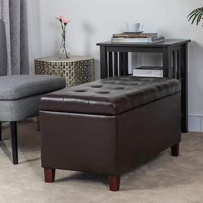 Asense Storage Ottoman Bench, Faux Leather Upholstered End of Bed Bench with Safety Hinge Wooden Legs, for Entryway Bedroom (Chocolate Brown, 33.3