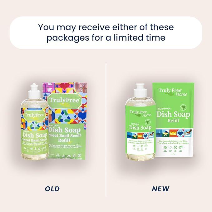Natural Concentrated Dish Detergent Dishwashing Liquid | Plant-Based Dish Soap | Sweet Basil Fresh Scent | 2 Refill Packs with 1 Empty Refillable Squeeze Bottle (16 Oz)