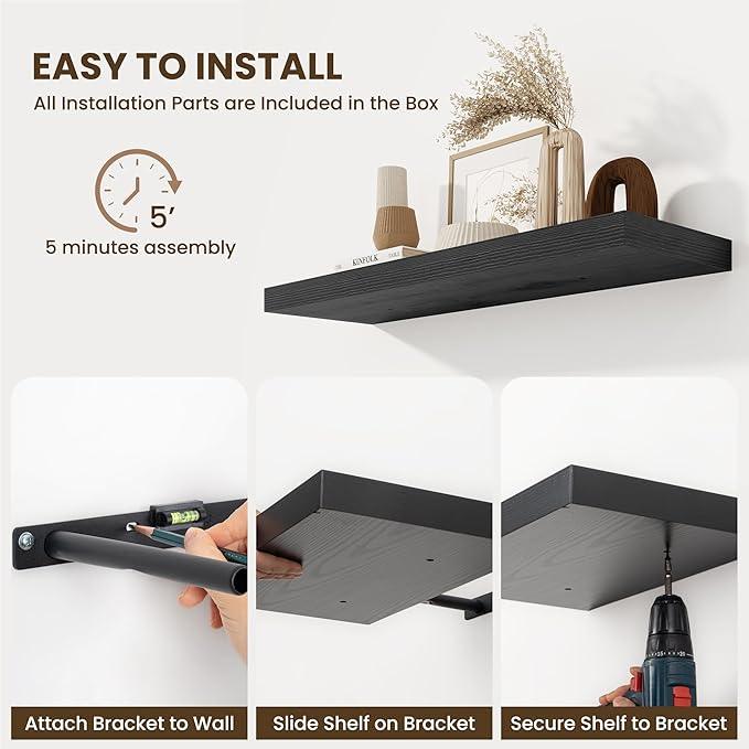 Fun Memories 24 Inch Floating Shelves Wall Mounted, 10 Inch Deep Wall Shelves, 24 x 10 Floating Shelf for Living Room Bathroom Bedroom, Black, Set of 2