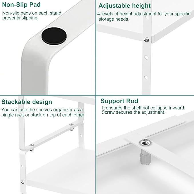 iPEGTOP Expandable Cabinet Storage Shelf Organizer Rack, Heavy Duty Cupboard Stand Spice Rack Adjustable Height Garage Pantry Shelf Space Riser for Counter Kitchen Organization, White, 1 Pack