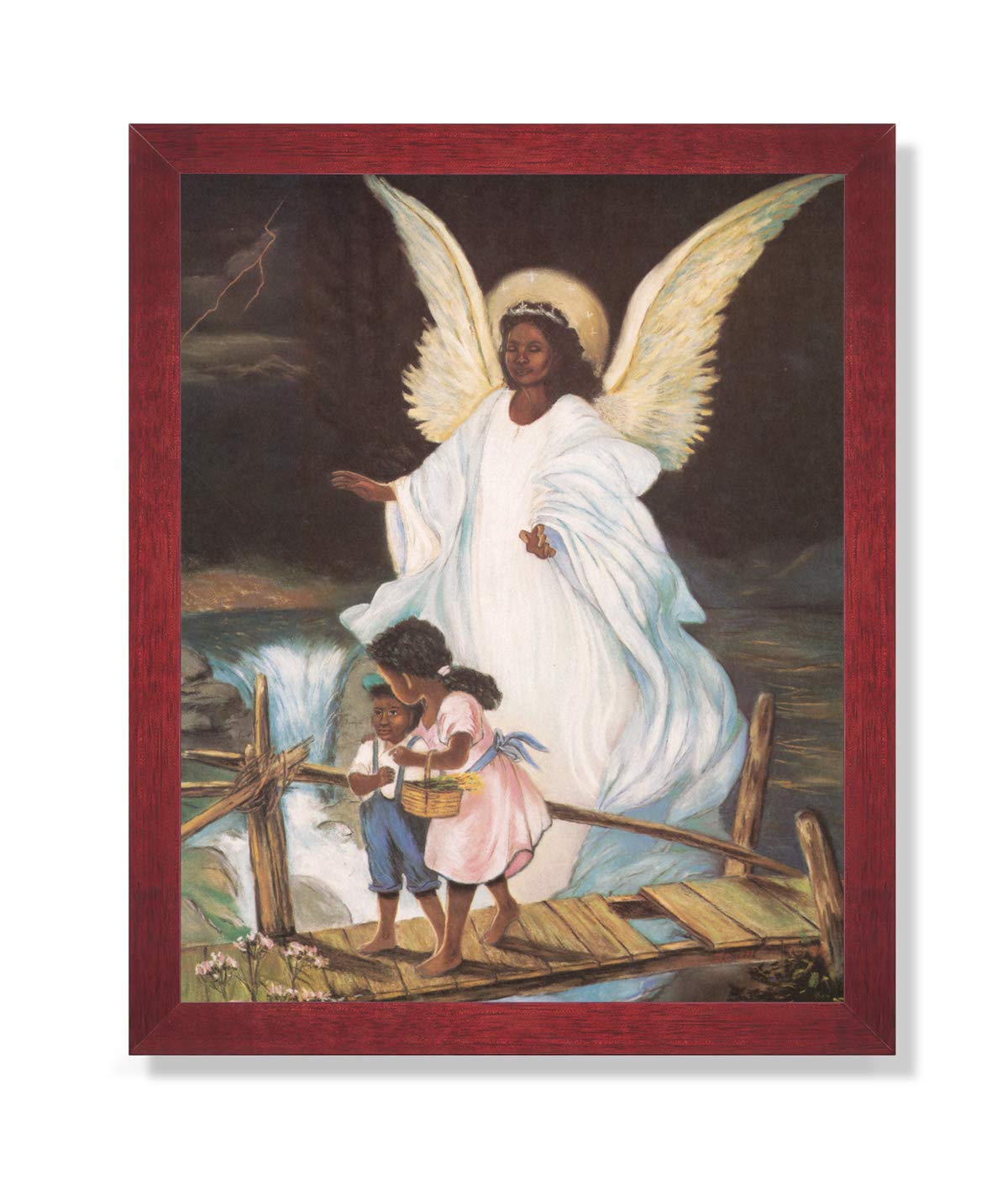 African American Religious Art - Guardian Angel Wall Decor 16x20 Cherry Wood Frame