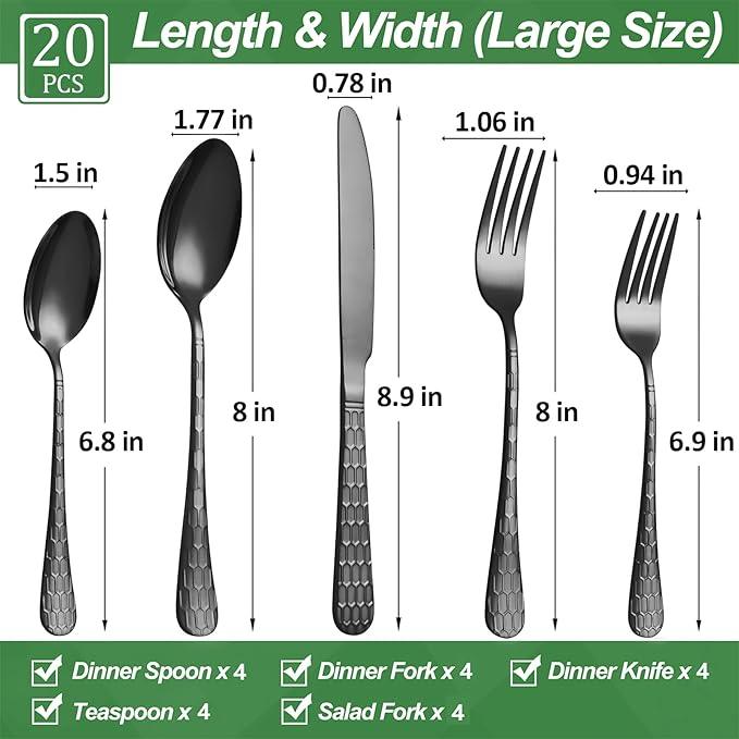 20 Pcs Black Silverware Set for 4 with Water Cube Handle design, Food Grade Stainless Steel Flatware Set, Eating Utensils Sets Include Fork/Knife/Spoon, Reusable Cutlery Set, Dishwasher Safe