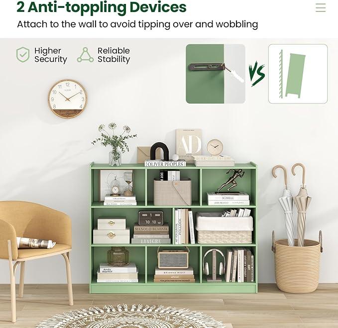 Tangkula 8-Cube Bookcase, Wood 3 Tier Open Storage Bookshelf, Modern Multipurpose Display Cabinet for Living Room, Study, Reading Nook, 48 x 12.5 x 36.5 Inch (Green)