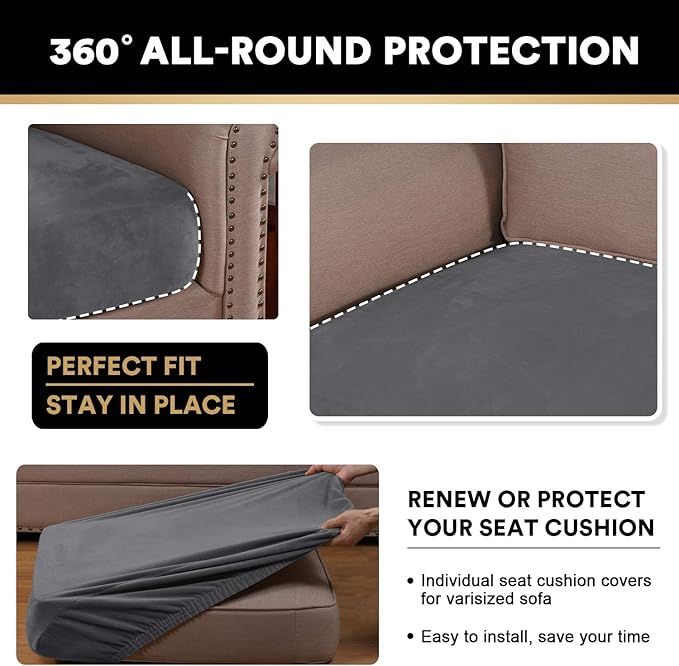 PrinceDeco Stretch Sofa Cushion Covers for Couches and Sofas,Soft Velvet Couch Seat Covers, Sofa Covers Washable, Seat Cushion Cover for 3 Couch Sofa Pet Friendly - Grey, Each Width Up to 29.5