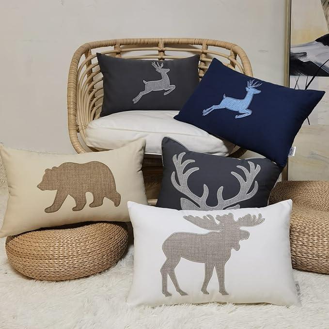 Lumbar Pillow Covers 12x20 Inches Moose Decorative Cotton Linen Throw Lumbar Waist Embroidered Cushions Covers for Couch Sofa Bedroom (White)