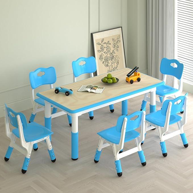 Kids Study Table and 6 Chairs Set,Height Adjustable Table and Chairs for Children and Toddlers,47.2