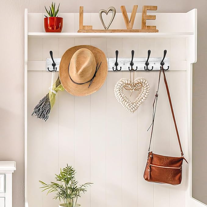 IBosins Wall Mounted Coat Rack, 31.4'' Long, Rustic Wood & Aluminum Coat Rack with 8 Black Tri-Hooks for Coat, Bag, Towel, Key, Hat, Umbrella