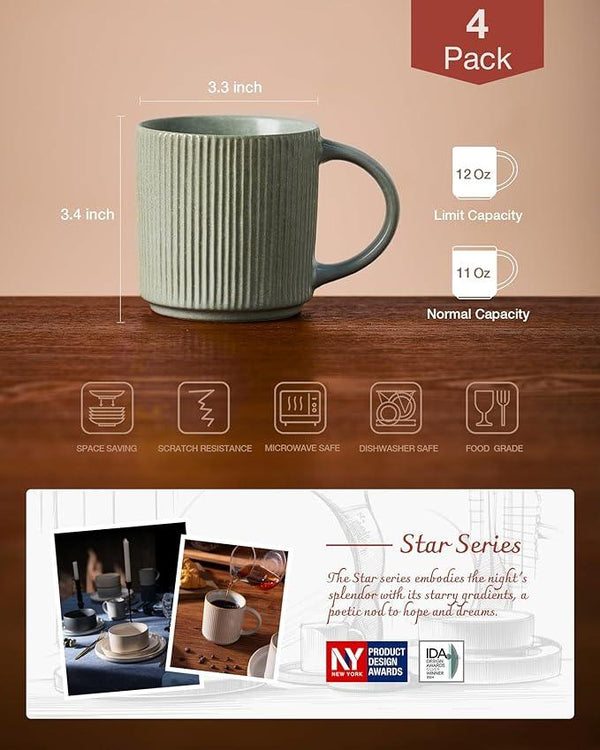 famiware Coffee Mug Set for 4, Star 12 oz Catering Mugs Cup Set with Handle for Coffee, Tea, Cocoa, Milk - Ceramic Stoneware Drinkware Set, Matte Green