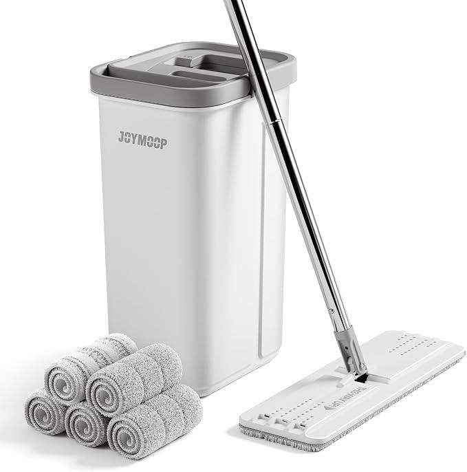 JOYMOOP Mop and Bucket with Wringer Set, Hands Free Flat Floor Mop and Bucket, with 5 Washable Microfiber Pads, Wet and Dry Use, Floor Cleaning System