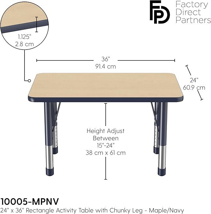 Factory Direct Partners FDP Rectangle Activity School and Classroom Kids Table (24 x 36 inch), Chunky Toddler Leg, Adjustable Height 15-24 inches - Maple Top and Navy Edge