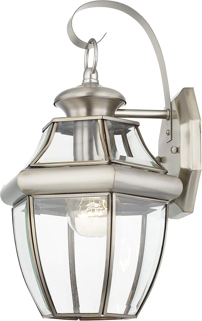 Livex Lighting 2151-91 Monterey 1 Light Outdoor Brushed Nickel Finish Solid Brass Wall Lantern with Clear Beveled Glass 13
