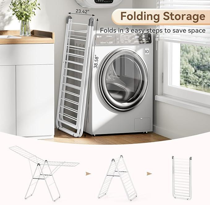 APEXCHASER Clothes Drying Rack, Foldable Drying Rack Clothing, Sturdy Metal Laundry Drying Rack, Height-Adjustable Gullwing, Easy to Fold, Space-Saving, for Indoor Outdoor, White