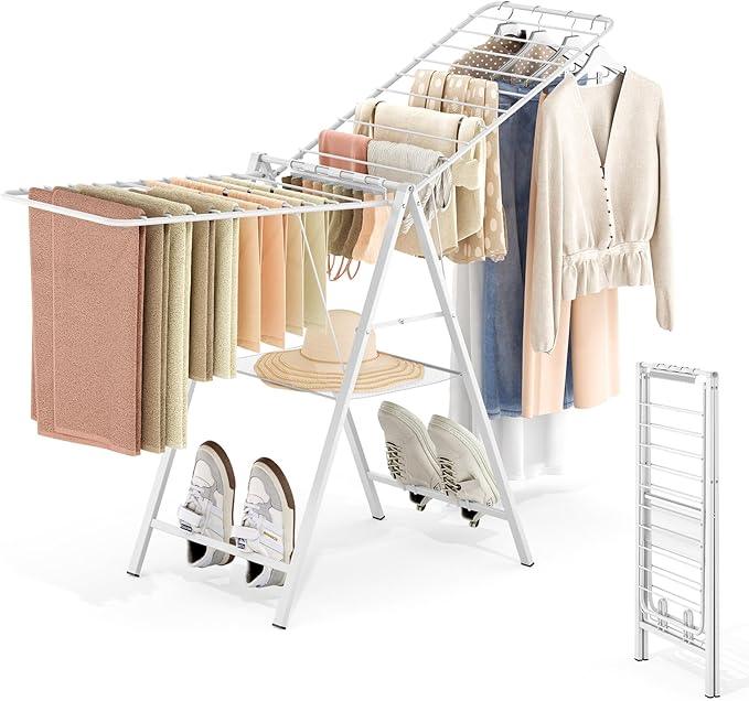 APEXCHASER Drying Rack for Clothing Foldable, Metal Laundry Rack Collapsible, Ultra Thin Gullwing Clothes Airer with Adjustable Height for Towel Baby Clothes Indoor Outdoor Laundry Room, White
