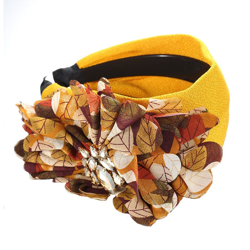 Handmade diamond inlaid fabric flower with teeth and anti slip exaggerated headband for women