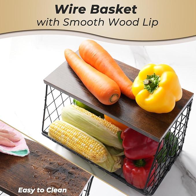 2pcs Fruit Basket Kitchen Storage Basket with Wood Lid, Stackable Wall Basket Fruit Basket for Kitchen, Countertop Organizer for Snack, Fruit and Veggie Storage, 11.8 x 7.9 x 8.5 Inch