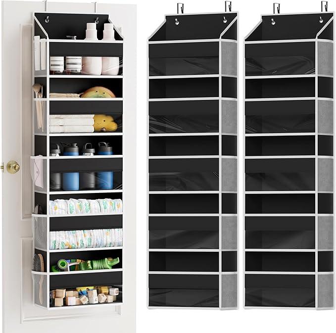 SpaceAid 2 Pack Over The Door Organizer with 5 Large Pockets and 10 Mesh Side Pockets, 5 Layers Door Organizer Hanging with Clear Window for Bedroom, Bathroom, Pantry and Nursery, Black