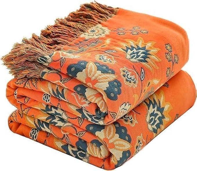 Fall Throw Blanket for Couch Bed Chair,100% Cotton Soft Lightweight Blanket Rustic Quilt -Orange Floral Printed Farmhouse Decor Bed All Season Blankets,60