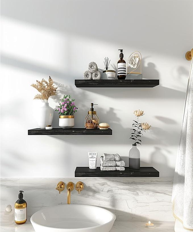 Wood Floating Shelves for Wall Decor, Rustic Wall Shelves for Bedroom Bathroom Kitchen Living Room, Set of 6 Black