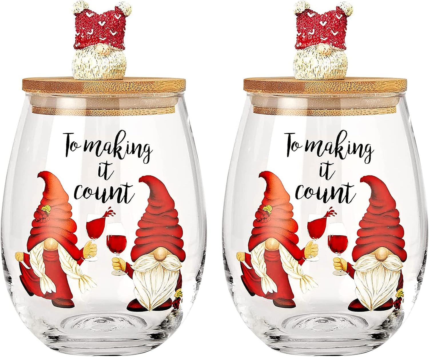 Christmas Gnome Wine & Water Glasses With Dwarf Wood Cover - Set of 2-17.5oz - Santa Holiday Festive Gnomes Stemless Clear Wine Glass For Red Or White Wine - Wines Glass for Women Friends Men Sister