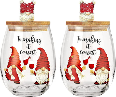 Christmas Gnome Wine & Water Glasses With Dwarf Wood Cover - Set of 2-17.5oz - Santa Holiday Festive Gnomes Stemless Clear Wine Glass For Red Or White Wine - Wines Glass for Women Friends Men Sister
