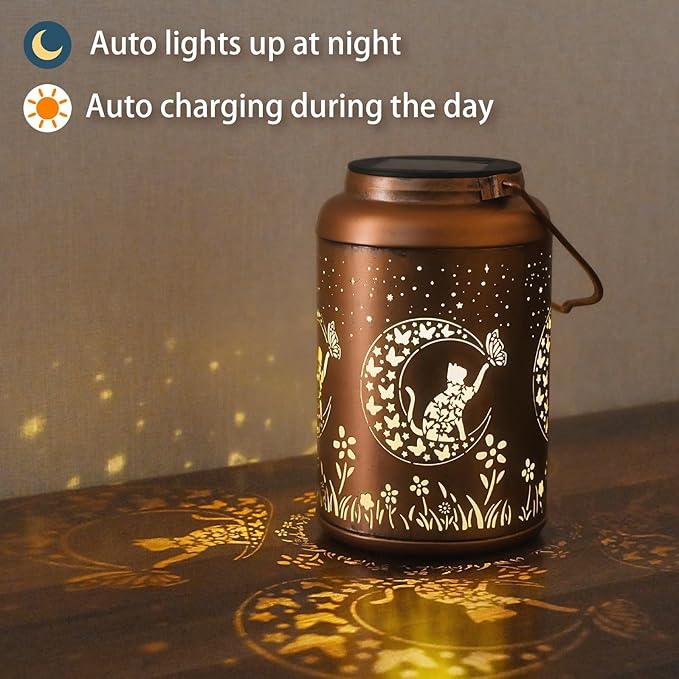Solar Lanterns Outdoor Waterproof - 2 Pack Cat Garden Decor Birthday Gifts for Women Mom Grandma Hanging Solar Lights Metal Solar Lantern for Outside, Patio, Outdoor, Yard, Backyard, Porch