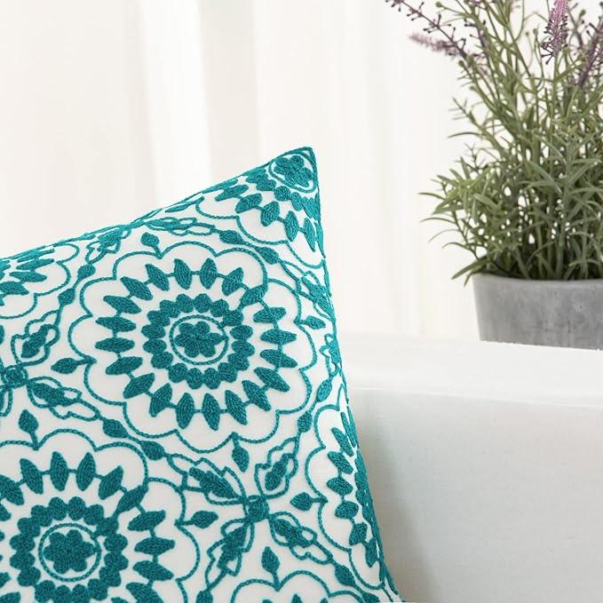 HWY 50 Teal Decorative Throw Pillow Covers 18x18 Inch (1 Piece), Embroidered Cotton Farmhouse Cushion Cover Pillow Case for Sofa Couch Living Room Bed, Little Sunflower
