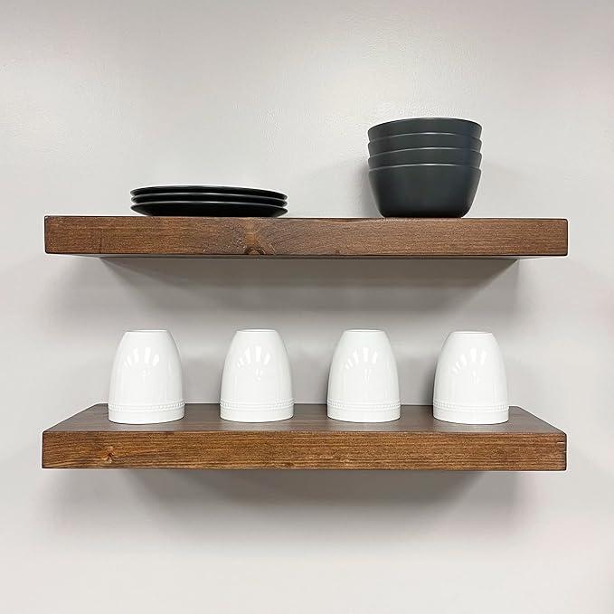 URBANDI, Rustic Floating Shelves, Set of 2, Hidden Bracket, Solid Wood, Heavy Duty, Wall Mounted Shelves, (Provincial, 36Wx6D)