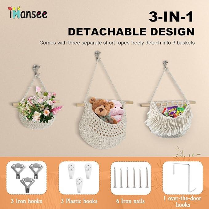 Hanging Baskets for Organizing, 3 Tier Detachable Wall Hanging Fruit Basket Over the Door Organizer for Fruit Vegetable Plant, Beige Boho Cotton Crocheted Fruit Holder for Kitchen Bathroom Bedroom