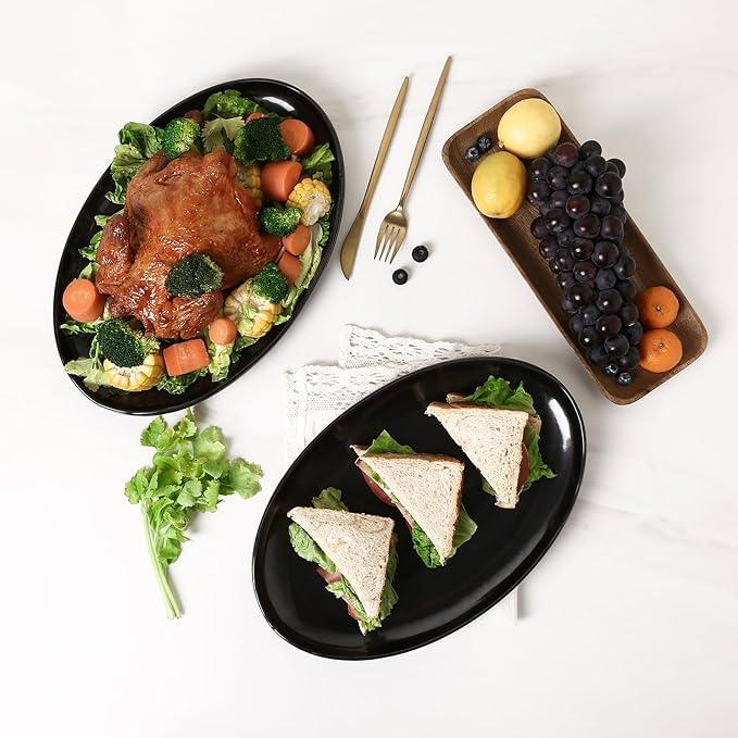 vicrays Serving Platter Ceramic Tray Plates Extra Large Oval 14.5 Inch Porcelain Dinner Plates Long Serving Dish Set Entertaining Party Restaurant Food Meat Sushi Fish Turkey Platter - Black