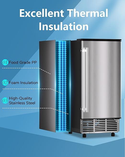 Commercial Ice Maker Machine Reversible Door 120LBS/Day, Undercounter Ice Makers 30LBS Storage Bin and 40 Ice Cubes, Icemaker Machine Brushed Metal with Water Line, Ice Scoop